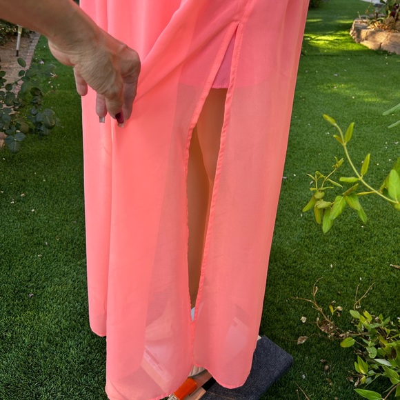 WOMENS SMALL UNDER SKIES ORANGE CORAL SHEER DOUBLE HIGH SIDE SLIT SIDE ZIP SKIRT - Picture 7 of 8